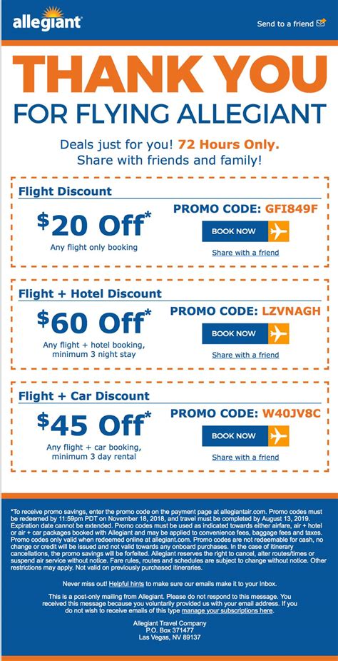 Allegiant air coupon - You're in the driver's seat. Get specially-negotiated car rental rates when you book with us today. Allegiant is proud to partner with Alamo, National and Enterprise rental car agencies to offer you exclusive car rental savings across the U.S.A. Package savings: Exclusive savings when you book your rental car with your airline ticket. It's easy!